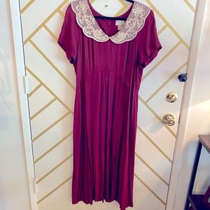 Vintage Expo Burgandy Maroon Midi Dress With Lace Collar